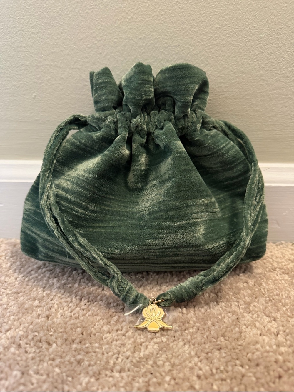 Green Velvet Drawstring Mini Pouch with Gold Charm